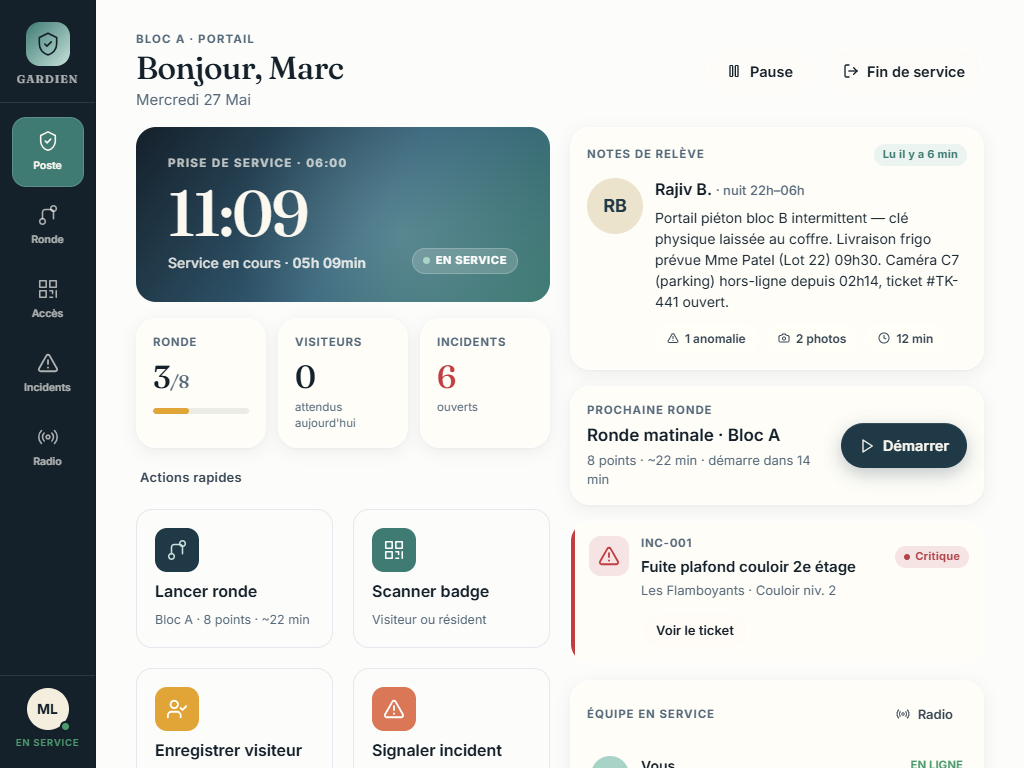Mira Guard — tableau de bord du poste de garde